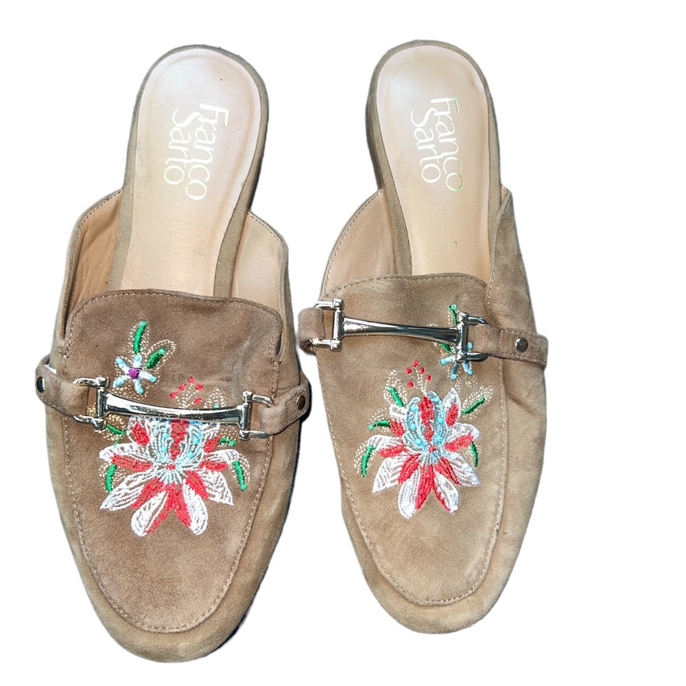 FRANCO SARTO Women's Size 6 Slip On Genuine Suede Embroidered Mules